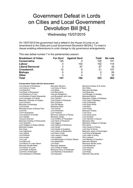 Government Defeat in Lords on Cities and Local Government Devolution Bill [HL] Wednesday 15/07/2015