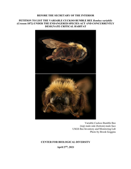 PETITION to LIST the VARIABLE CUCKOO BUMBLE BEE Bombus Variabilis (Cresson 1872) UNDER the ENDANGERED SPECIES ACT and CONCURRENTLY DESIGNATE CRITICAL HABITAT