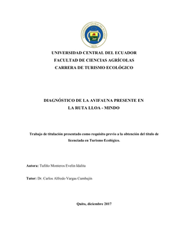 Universidad Central Del Ecuador Facultad De Ciencias Agrícolas Carrera De Turismo Ecológico