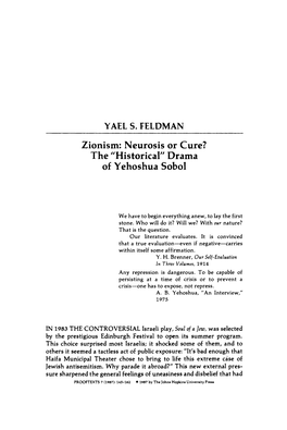 YAEL S. FELDMAN Zionism: Neurosis Or Cure? of Yehoshua Sobol