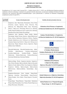 OBWIESZCZENIE Burmistrza Szepietowa Z Dnia 18 Kwietnia 2019 Roku