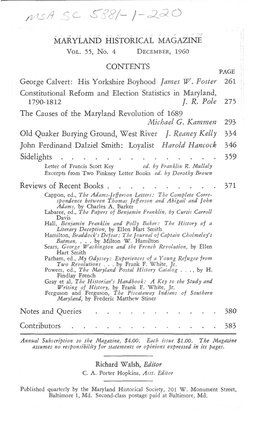 Maryland Historical Magazine, 1960, Volume 55, Issue No. 4