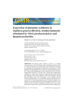 Expression of Glutamine Synthetase in Tegillarca Granosa (Bivalvia, Arcidae) Hemocytes Stimulated by Vibrio Parahaemolyticus and Lipopolysaccharides