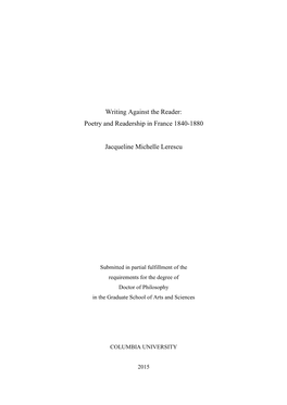 Writing Against the Reader: Poetry and Readership in France 1840-1880