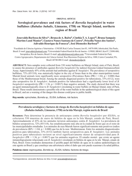 Serological Prevalence and Risk Factors of Borrelia Burgdorferi in Water Buffaloes (Bubalus Bubalis, Linnaeus, 1758) on Marajó Island, Northern Region of Brazil