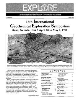 15Th International Geochemical Exploration Symposium Reno, Nevada, USA • April 28 to May I, 1991