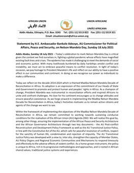 Statement by H.E. Ambassador Bankole Adeoye, AU Commissioner for Political Affairs, Peace and Security, on Nelson Mandela Day, Sunday 18 July 2021