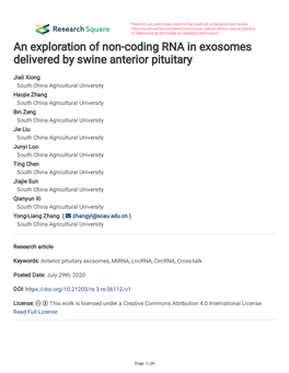 An Exploration of Non-Coding RNA in Exosomes Delivered by Swine Anterior Pituitary