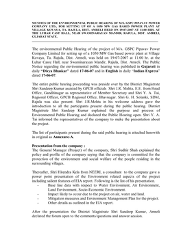 The Environmental Public Hearing of the Project of M/S. GSPC Pipavav Power Company Limited for Setting up of a 1050 MW Gas Based Power Plant at Village Kovaya, Ta