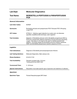 Bordetella Pertussis and Parapertussis PCR; Pertussis PCR; Whooping Cough PCR