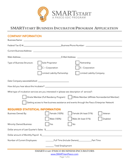 Smartstart Business Incubator Program Application