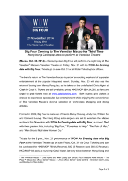 Big Four Coming to the Venetian Macao for Third Time Hong Kong Cantopop Stars to Perform at Venetian Theatre