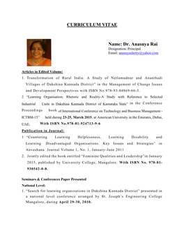 CURRICULUM VITAE Name: Dr. Anasuya