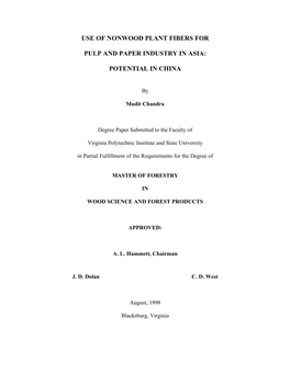 USE of NONWOOD PLANT FIBERS for PULP and PAPER INDUSTRY in ASIA: POTENTIAL in CHINA by Mudit Chandra Dr