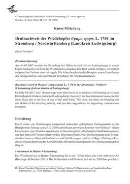 Brutnachweis Des Wiedehopfes Upupa Epops, L. 1758 Im Stromberg / Nordwürttemberg (Landkreis Ludwigsburg)