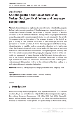 Sociolinguistic Situation of Kurdish in Turkey: Sociopolitical Factors and Language Use Patterns