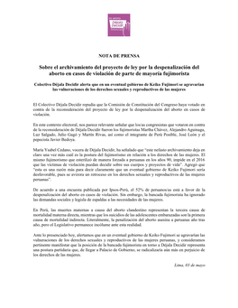 Sobre El Archivamiento Del Proyecto De Ley Por La Despenalización Del Aborto En Casos De Violación De Parte De Mayoría Fujimorista