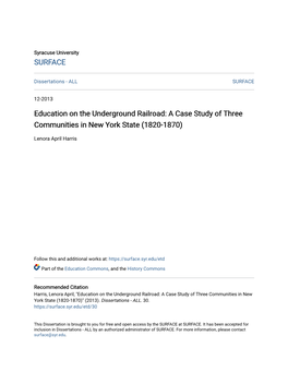 Education on the Underground Railroad: a Case Study of Three Communities in New York State (1820-1870)