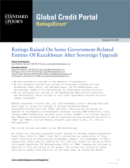 Ratings Raised on Some Government-Related Entities of Kazakhstan After Sovereign Upgrade