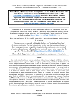 Nicolas Poirel, « Entre Coopération Et Compétition : Un État Des Lieux Des Relations Entre Animalistes Et Vétérinaires En France Du Xixème Siècle À Nos Jours », 2021