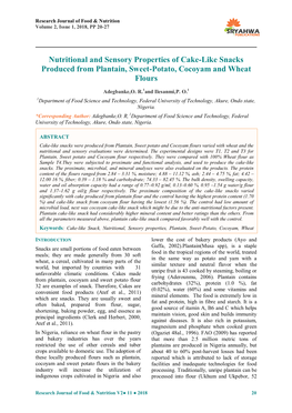 Nutritional and Sensory Properties of Cake-Like Snacks Produced from Plantain, Sweet-Potato, Cocoyam and Wheat Flours