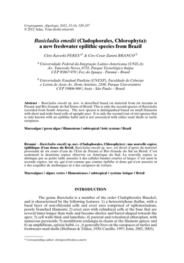 Basicladia Emedii (Cladophorales, Chlorophyta): a New Freshwater Epilithic Species from Brazil