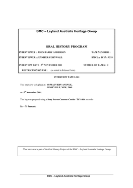 BMC – Leyland Australia Heritage Group ORAL HISTORY PROGRAM