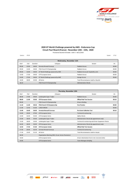 Paul Ricard (France) - November 13Th - 15Th, 2020 Provisional Detailed Timetable - Draft 3 - 04/11/2020