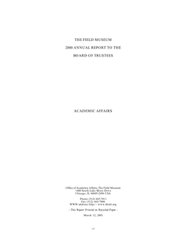 The Field Museum 2000 Annual Report to the Board of Trustees Academic