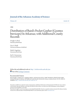 Distribution of Baird's Pocket Gopher (Geomys Breviceps) in Arkansas; with Additional County Records Douglas A