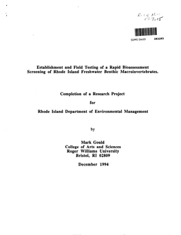 Establishment and Field Testing of a Rapid Bioassessment Screening of Rhode Island Freshwater Benthic Macroinvertebrates