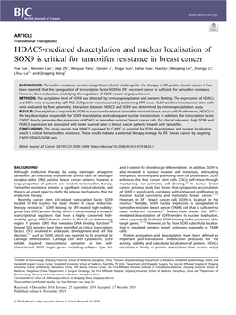 HDAC5-Mediated Deacetylation and Nuclear Localisation of SOX9 Is Critical for Tamoxifen Resistance in Breast Cancer