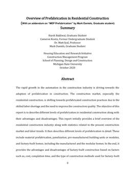 Overview of Prefabrication in Residential Construction (With an Addendum on “MEP Prefabrication” by Mark Daniels, Graduate Student) Summary