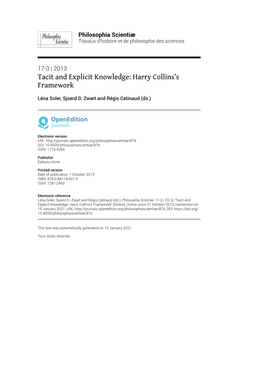 Philosophia Scientiæ, 17-3 | 2013, “Tacit and Explicit Knowledge: Harry Collins’S Framework” [Online], Online Since 01 October 2013, Connection on 15 January 2021
