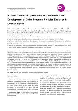 Justicia Insularis Improves the in Vitro Survival and Development of Ovine Preantral Follicles Enclosed in Ovarian Tissue