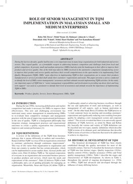 Role of Senior Management in Tqm Implementation in Malaysian Small and Medium Enterprises