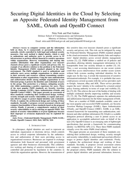 Securing Digital Identities in the Cloud by Selecting an Apposite Federated Identity Management from SAML, Oauth and Openid Connect