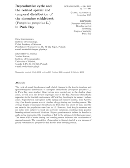 Reproductive Cycle and the Related Spatial and Temporal Distribution Of