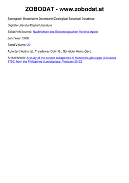 A Study of the Current Subspecies of Hebomoia Glaucippe (Linnaeus 1758) from the Philippines (Lepidoptera: Pieridae) 25-32 Nachr