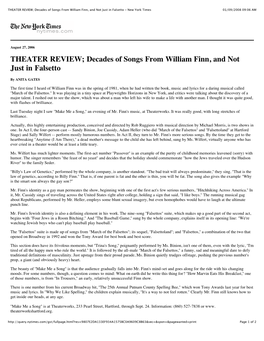 THEATER REVIEW; Decades of Songs from William Finn, and Not Just in Falsetto - New York Times 01/09/2008 09:06 AM