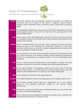 Roots of Protestantism Selected Reformation and Post-Reformation Core Events