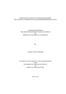 From Hasan Al-Banna to Mohammad Morsi; the Political Experience of Muslim Brotherhood in Egypt