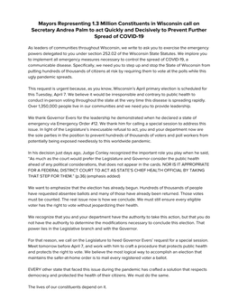 Mayors Representing 1.3 Million Constituents in Wisconsin Call on Secretary Andrea Palm to Act Quickly and Decisively to Prevent Further Spread of COVID-19