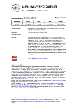 Linepithema Humile Global Invasive