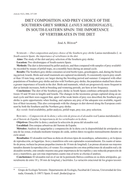 Diet Composition and Prey Choice of the Southern Grey Shrike Lanius Meridionalis L