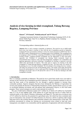 Analysis of Rice Farming in Tidal Swampland, Tulang Bawang Regency, Lampung Province