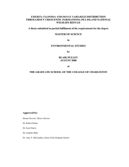 EMERITA TALPOIDA and DONAX VARIABILIS DISTRIBUTION THROUGHOUT CRESCENTIC FORMATIONS; PEA ISLAND NATIONAL WILDLIFE REFUGE a Thesi