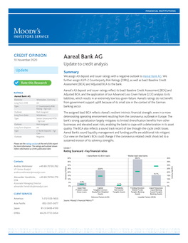 CREDIT OPINION Aareal Bank AG 10 November 2020 Update to Credit Analysis