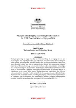 Horizon Scan of Emerging Technologies and Trends for ADF CLASSIFICATION) Combat Service Support 2016 Document U Title U Abstract U