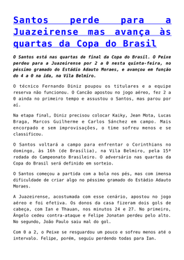 Santos Perde Para a Juazeirense Mas Avança Às Quartas Da Copa Do Brasil